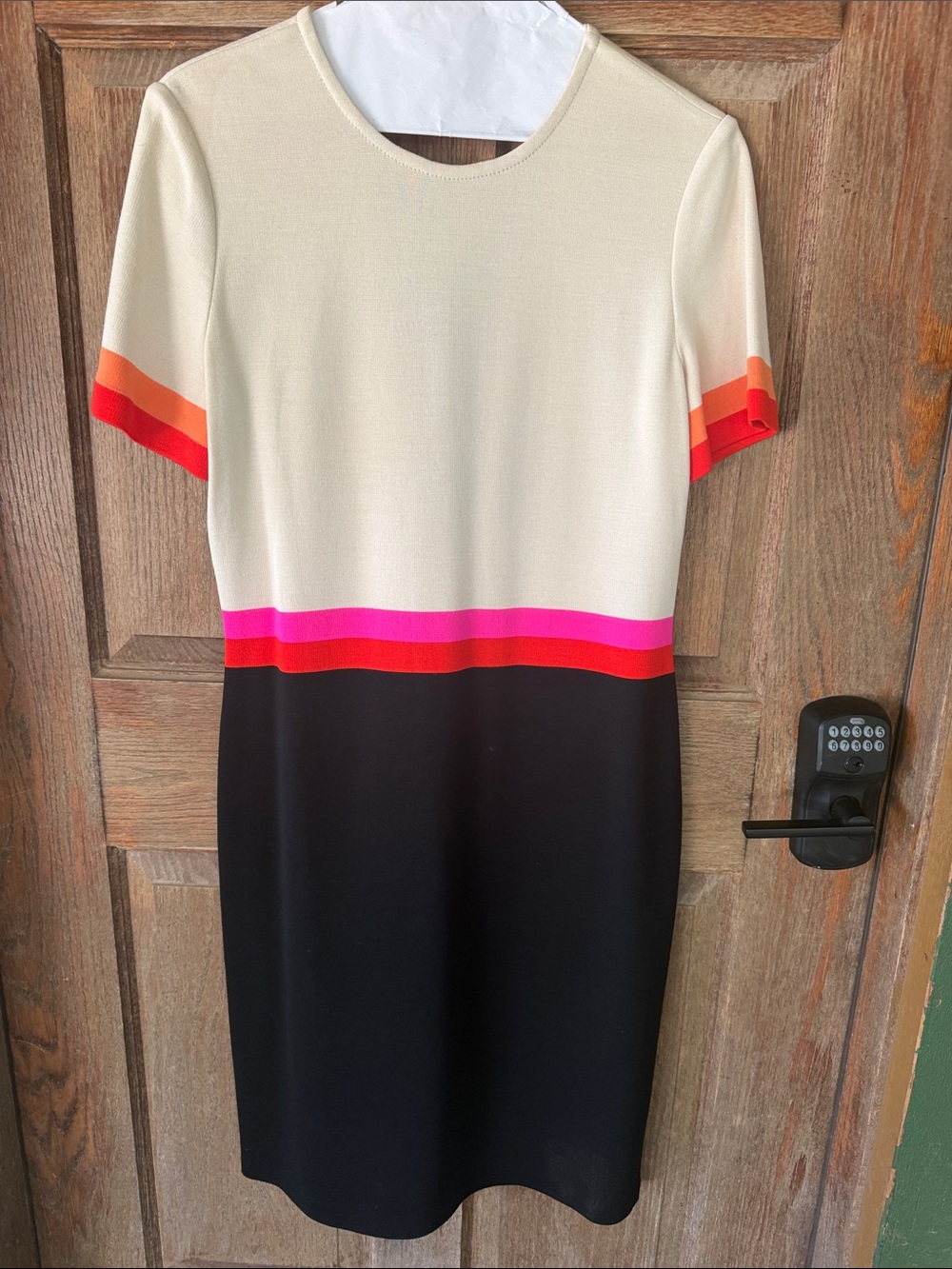 St. John Cream & Black Short Sleeve Colorblock Dress with Pink and Red Stripes - Picture 5 of 10